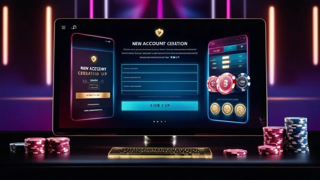 Ekran tworzenia konta z potwierdzeniem sign up w ciemnym kasynowym wnętrzu